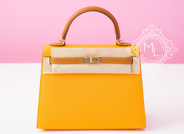 Hermes Kelly Verso bag 25 Sellier Gold/ Jaune ambre Epsom leather Silver  hardware