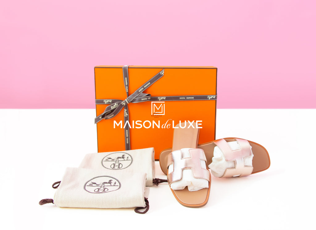 Hermes Women's Metallic Rose Dore Oran Sandal Slipper 38 Shoes