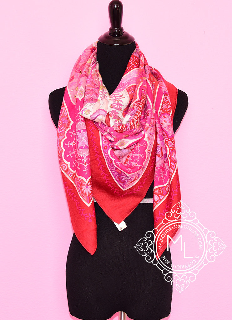 Hermes "Aux Portes du Palais" Framboise Rose Mauve Cashmere 140 GM Shawl