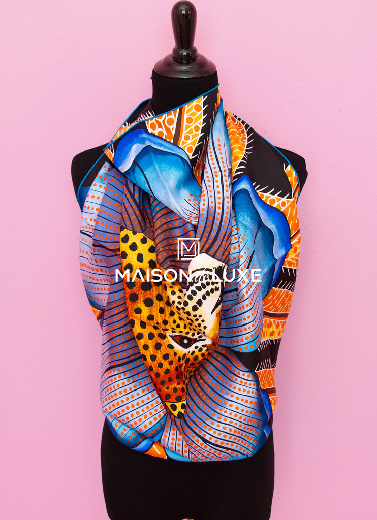 Hermes "Baobab Cat" Black Twill Silk 90 cm Scarf