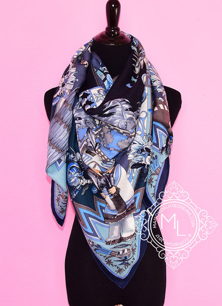 Hermes Cashmere 140 GM Kachinas Ciel Marine Blue Shawl Scarf Wrap