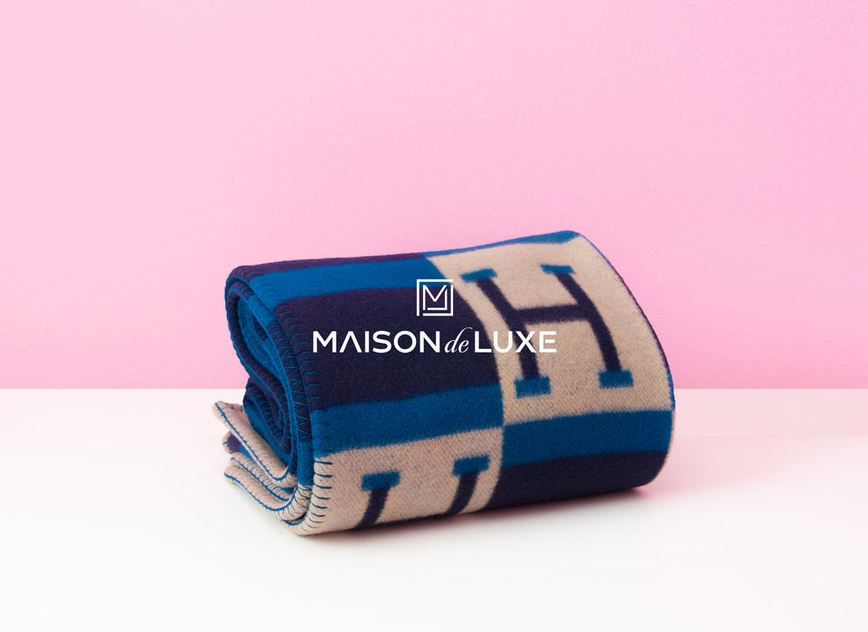 Hermes Marine Blue Wool Cashmere H Avalon Bayadere Blanket