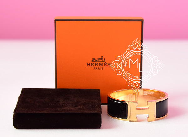 Hermes Black H Clic Clac Wide Gold Bracelet Bangle Cuff CDC Kelly