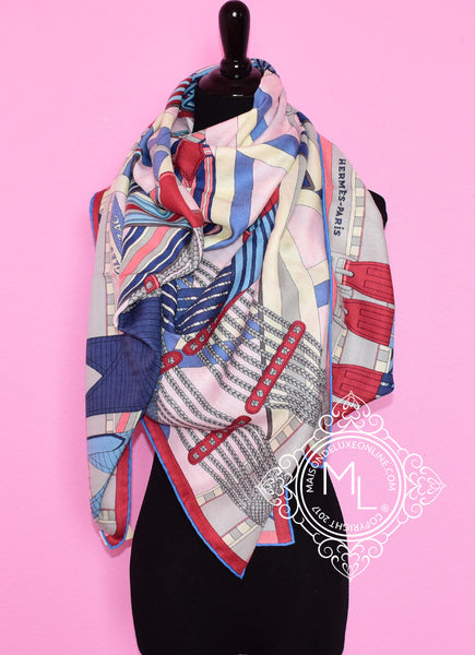 Hermes Cashmere 140 GM Sangles en Zigzag Pink Shawl Scarf
