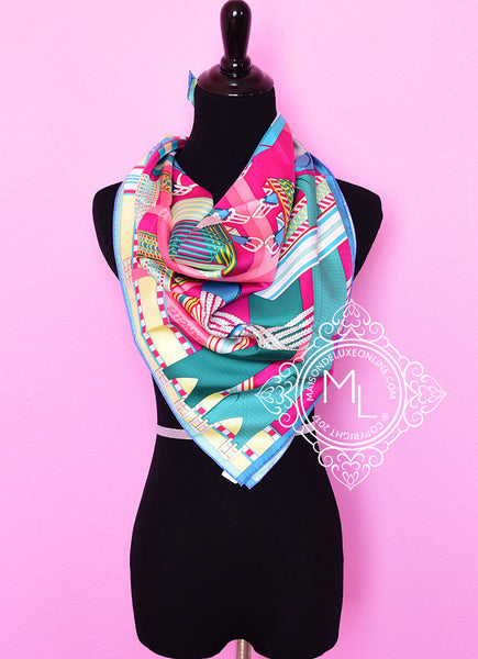 HERMES シルクスカーフ カラフル Hermes Fuchsia Jaune Twill Silk 90 cm Sangles en Zigzag Scarf
