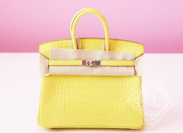 Hermes Lime Yellow Matte Crocodile Birkin 25 Handbag Kelly Bag