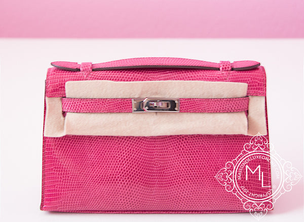 Hermes Fuchsia Pink Lizard Mini Kelly Pochette Clutch Bag Handbag