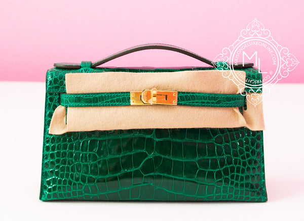 Hermes Mini Kelly Pochette Vert Jade Green Crocodile Alligator Clutch