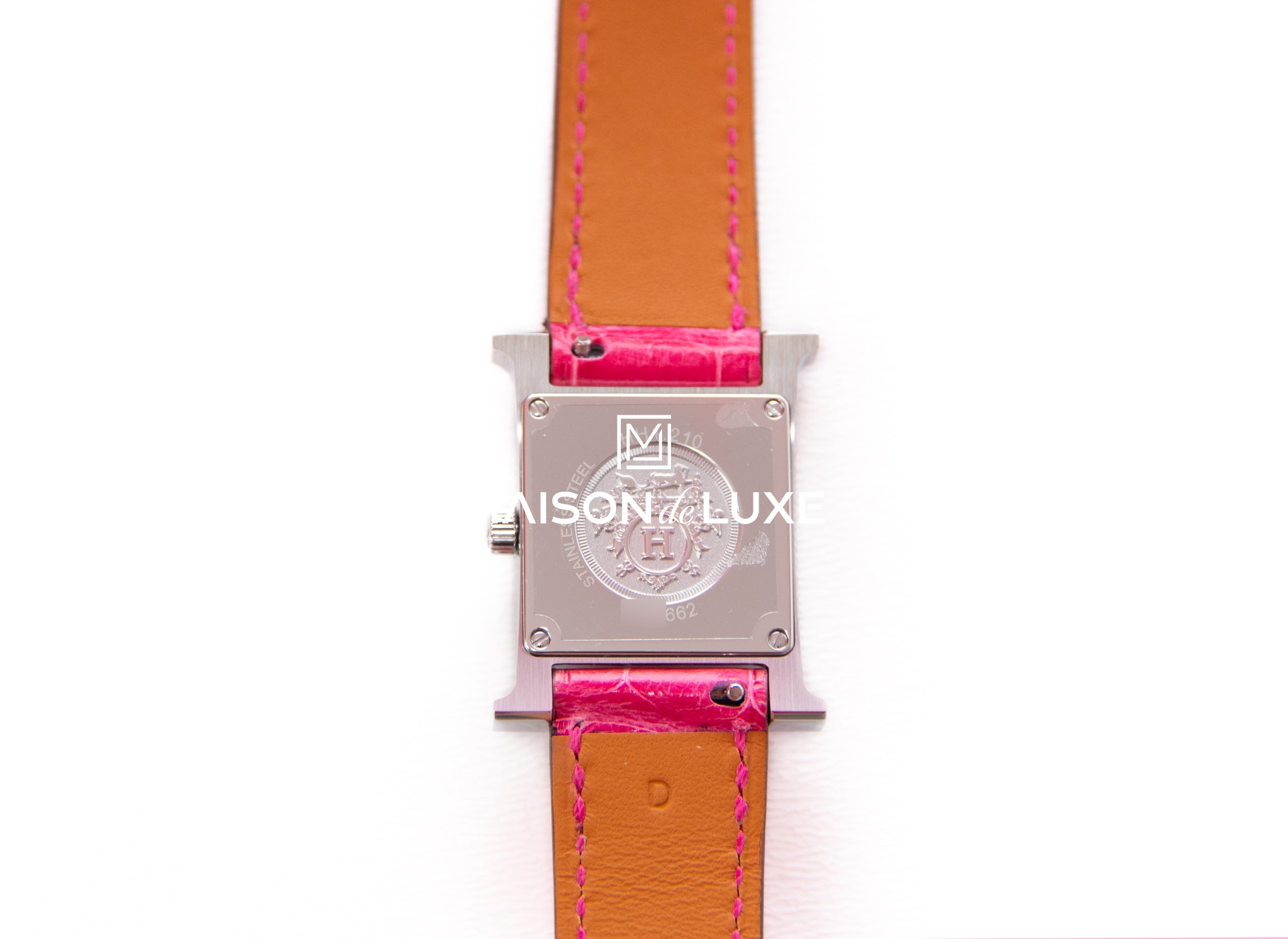 Hermes Diamond H Hour Heure Watch Raspberry Pink Crocodile Strap