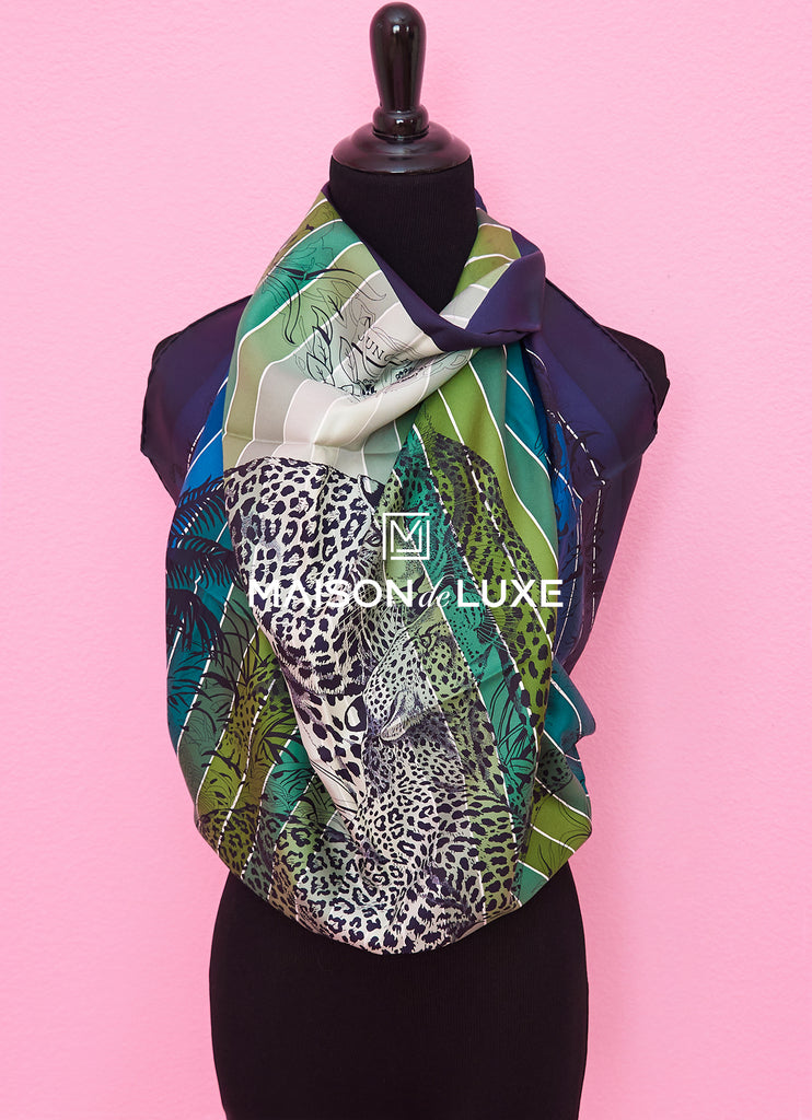 Hermes "Jungle Love Rainbow" Blue Twill Silk 90 cm Scarf