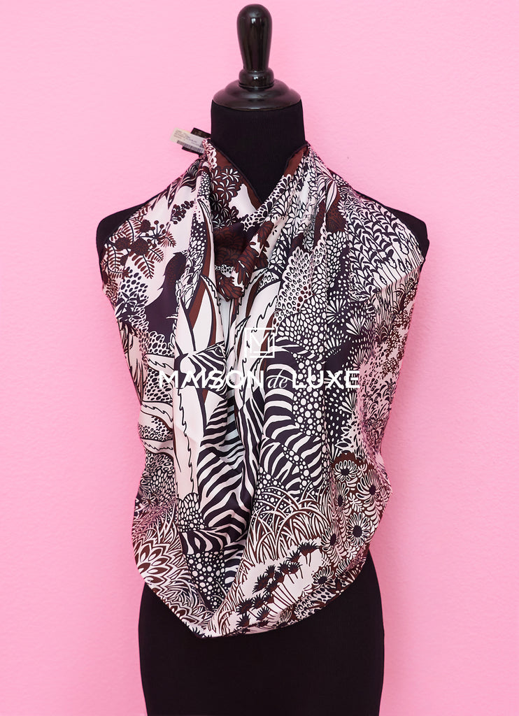 Hermes "Mountain Zebra" Marron Twill Silk 90 cm Scarf