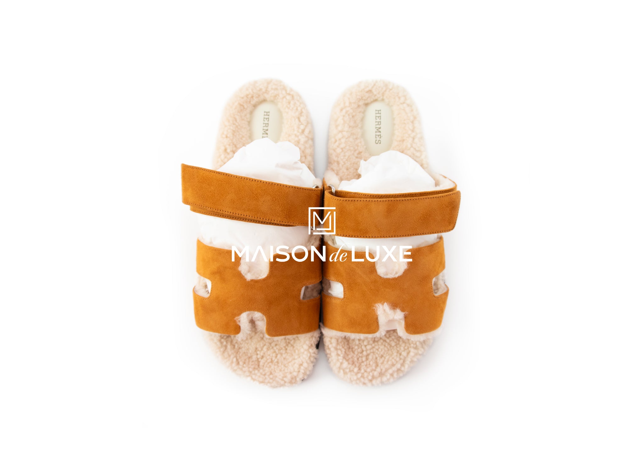 Hermes Men's Beige Kraft Shearling Chypre Sandal Slides