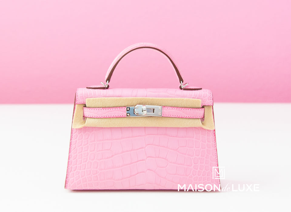 Hermes 5P Bubblegum Pink Crocodile Mini Kelly II 20 cm