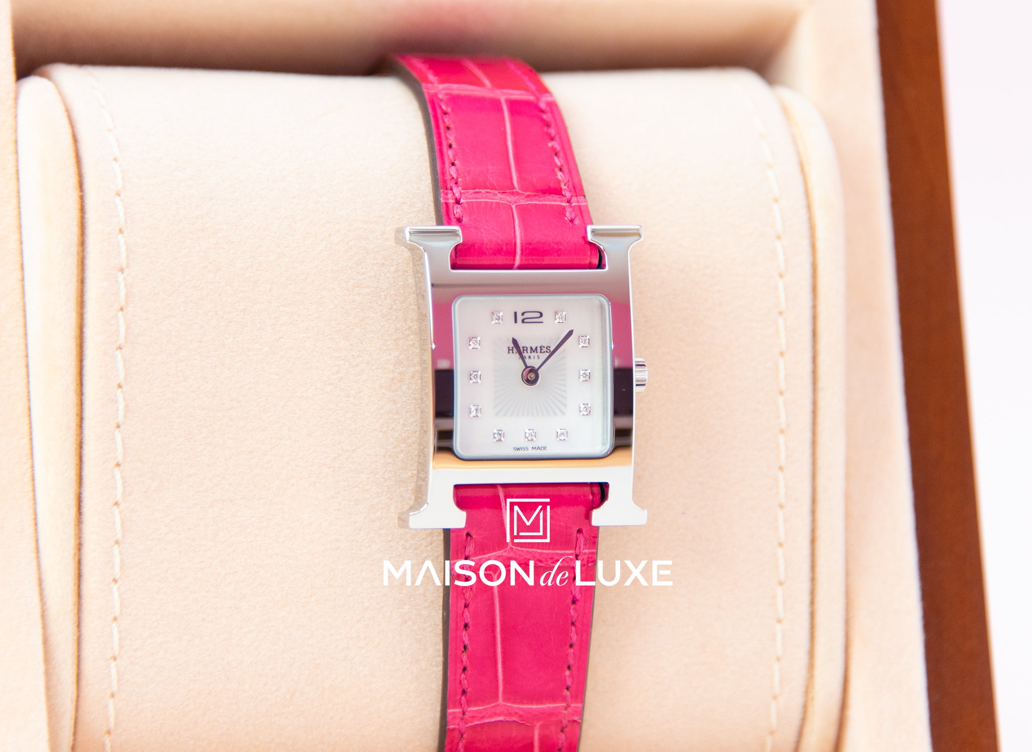 Hermes Diamond H Hour Heure Watch Raspberry Pink Crocodile Strap