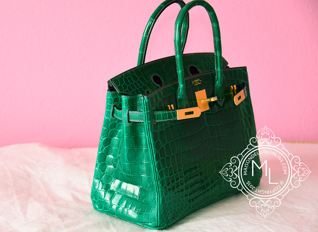 HERMES BIRKIN bag 30 Emerald Green Blue Izmir Crocodile bi color horseshoe