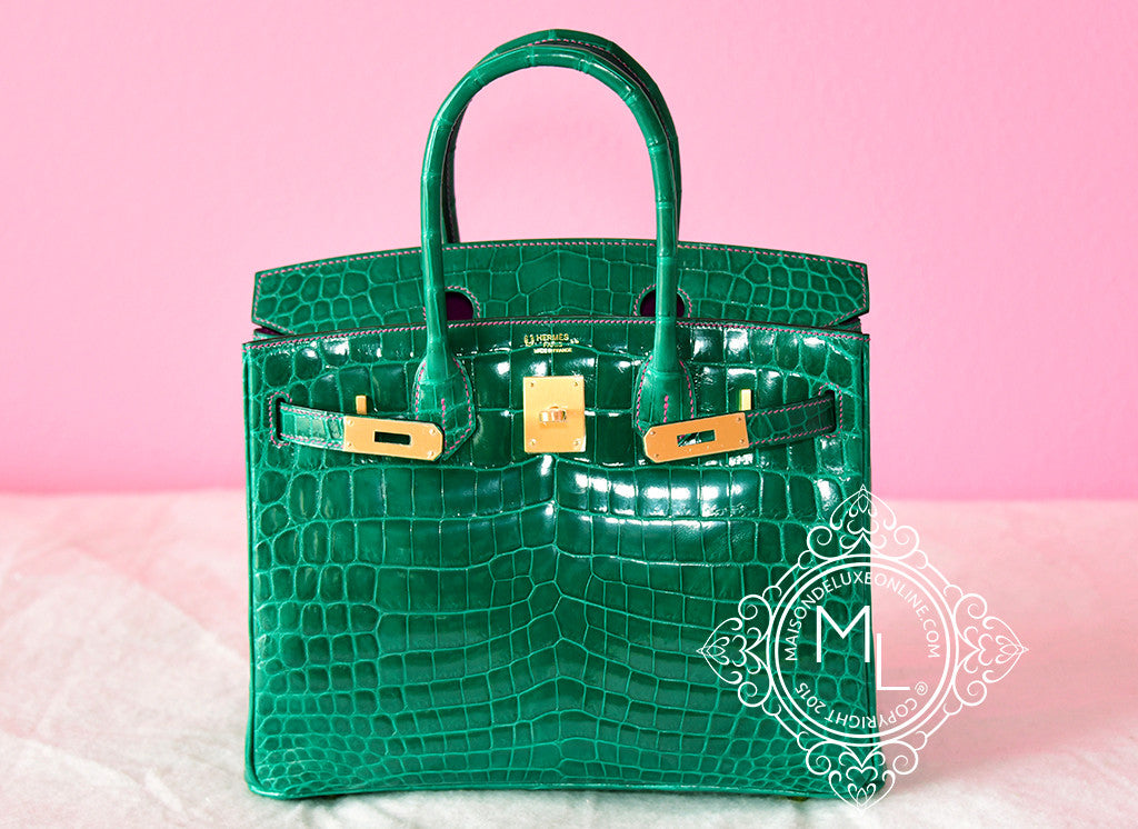 Hermes Vert Emerald Emeraude + Fuchsia Crocodile Bicolor Birkin 30 Handbag - New - MAISON de LUXE - 1