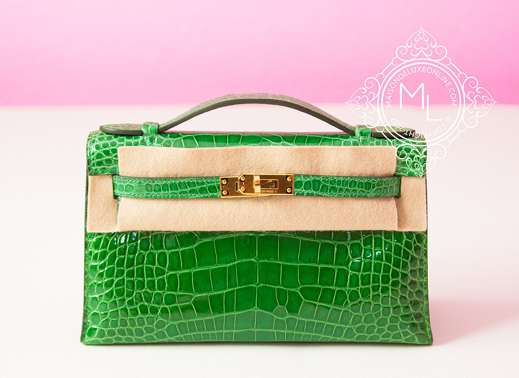 Hermes Kelly Pochette Exotic Green Shiny Pelouse Alligator PHW Bag