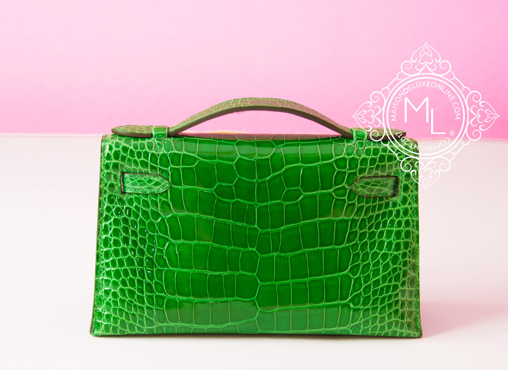 NEW HERMES 6U VERT D'EAU MATTE CROCODILE MINI KELLY II 20 POCHETTE CUT  BAG GREEN