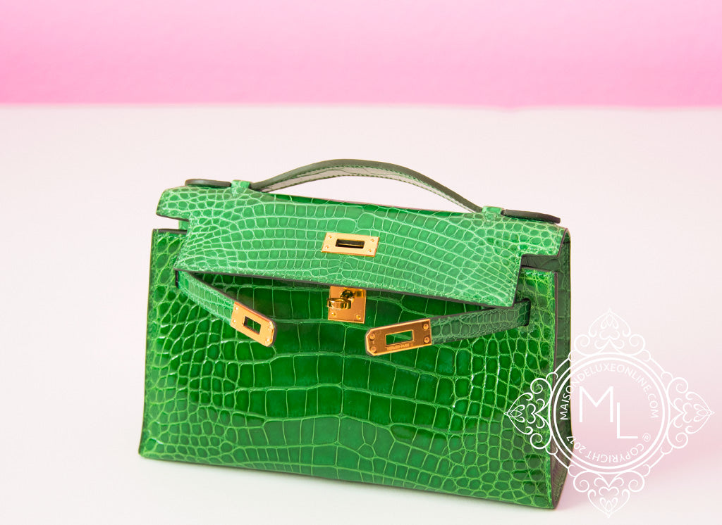 NEW HERMES 6U VERT D'EAU MATTE CROCODILE MINI KELLY II 20 POCHETTE CUT BAG  GREEN