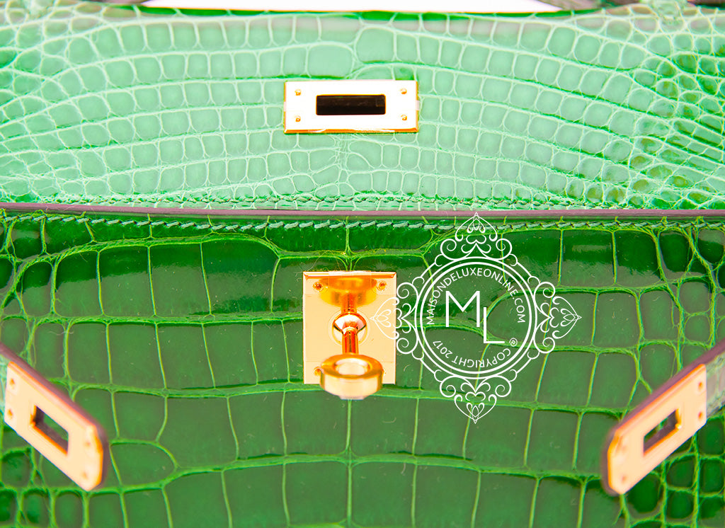 NEW HERMES 6U VERT D'EAU MATTE CROCODILE MINI KELLY II 20 POCHETTE CUT BAG  GREEN