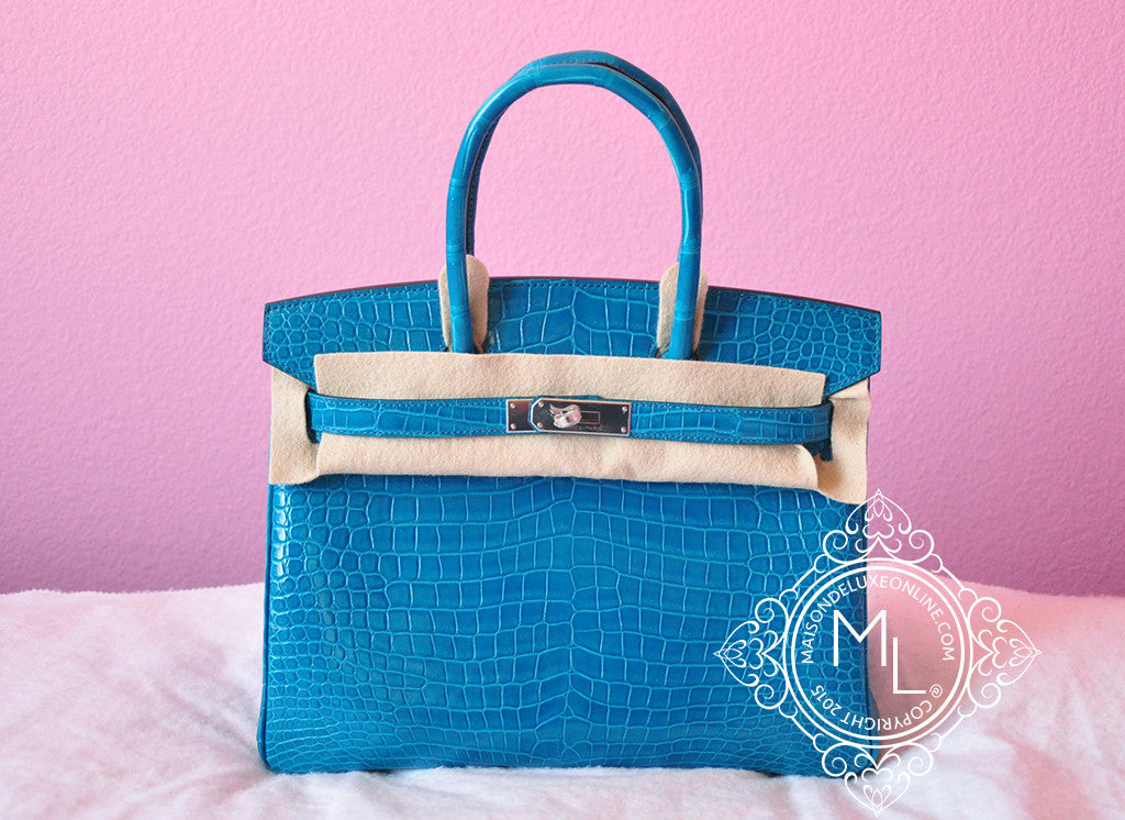 Hermes Blue Izmir Turquoise Porosus Crocodile Birkin 30 Bag - MAISON de LUXE