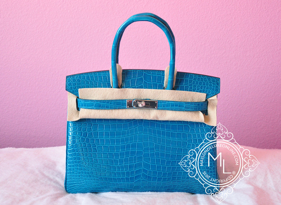 Hermes Blue Izmir Turquoise Porosus Crocodile Birkin 30 Bag - New - MAISON de LUXE - 1