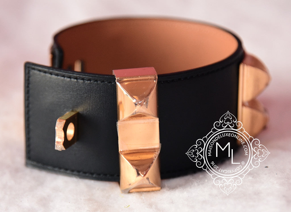 Hermes Noir Black Rose Gold Epsom Collier De Chien Bracelet Cuff S - MAISON  de LUXE