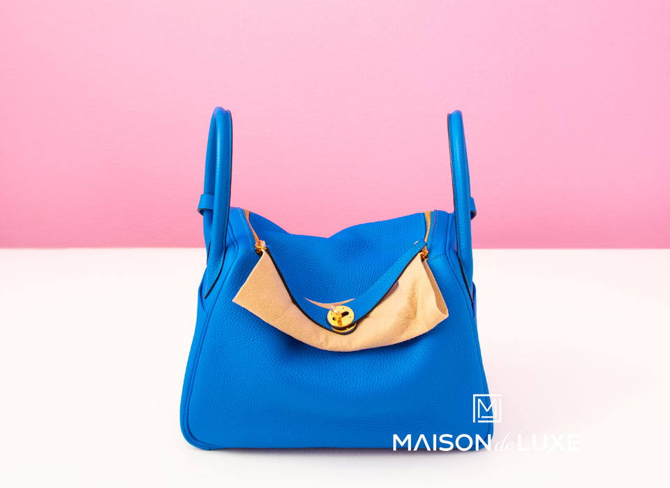 Hermes Blue Hydra Clemence Lindy 30 Handbag