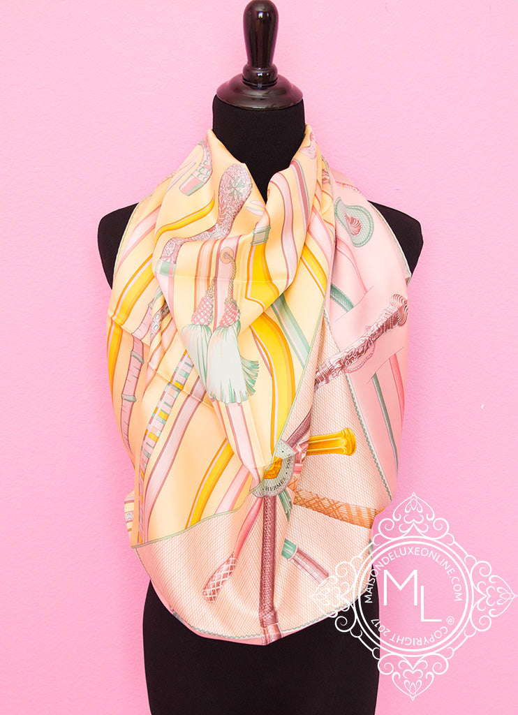 Hermes Pink Yellow Twill Silk 90 cm Cannes et Cannes Scarf