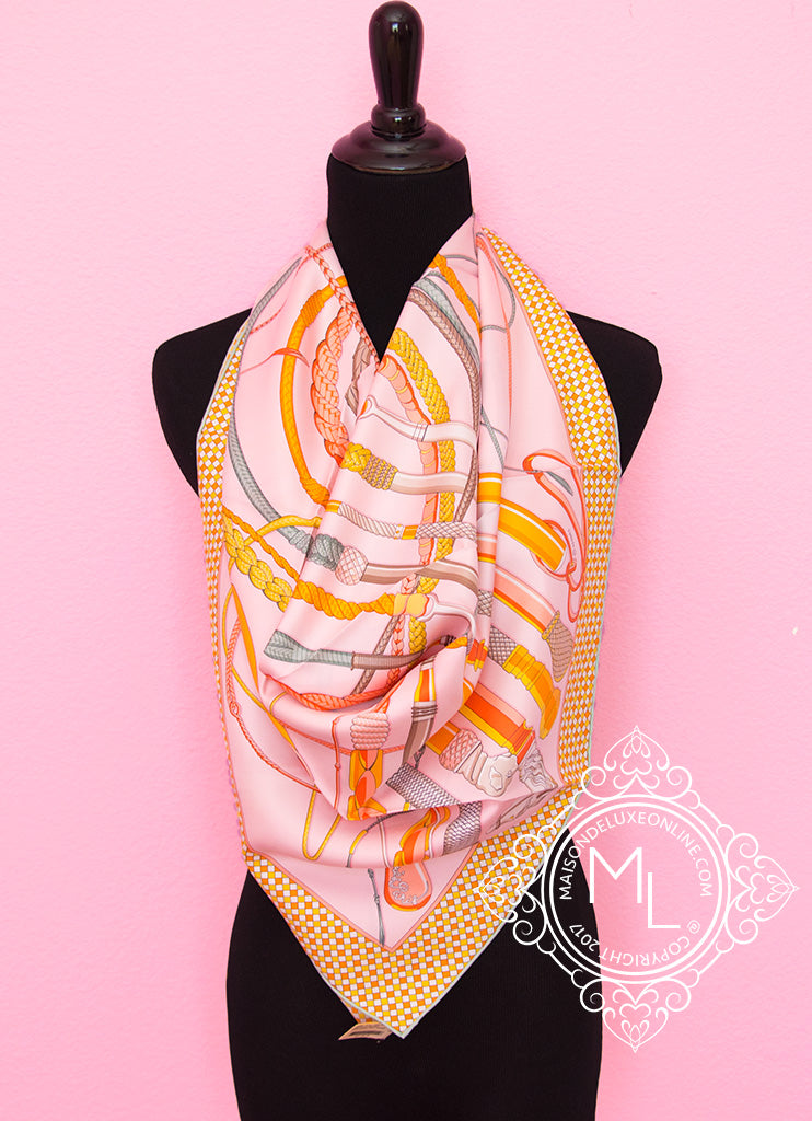 Hermes Peach Twill Silk 90 cm Fouets et Badines Scarf