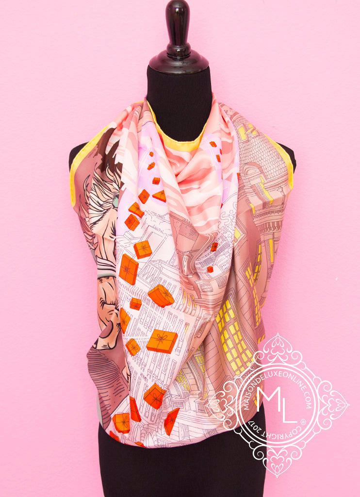 Hermes Pink Jaune Twill Silk 90 cm Space Shopping au Faubourg Scarf