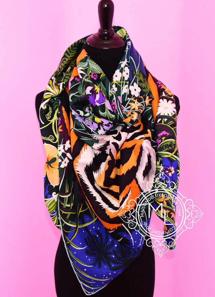 Hermes Cashmere 140 GM Tyger Tyger Aqua Purple Shawl Scarf - New - MAISON de LUXE - 1