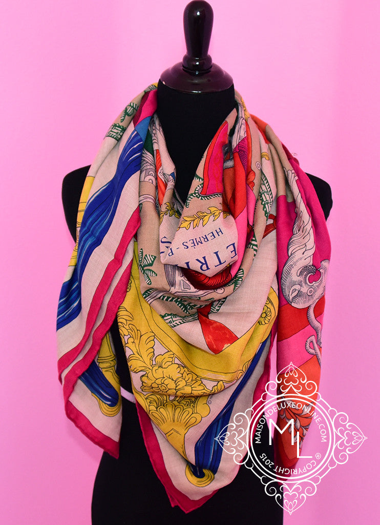 Hermes Cashmere 140 GM Cavalleria d'Etriers Fuchsia Jaune Shawl Scarf - New - MAISON de LUXE - 1