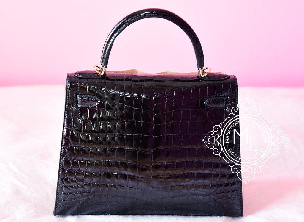 HERMES BLACK NOIR SELLIER RIGID KELLY 28 CROCODILE BIRKIN HANDBAG