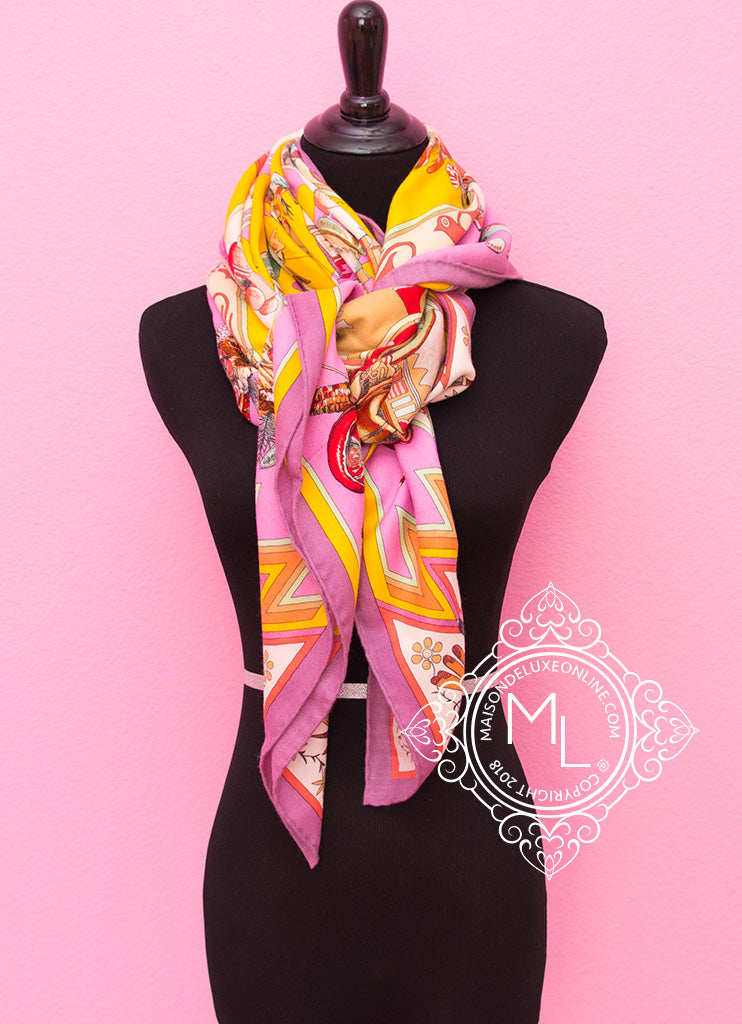 Hermes Cashmere 140 GM Kachinas Pink Yellow Shawl Scarf Wrap Poncho ...