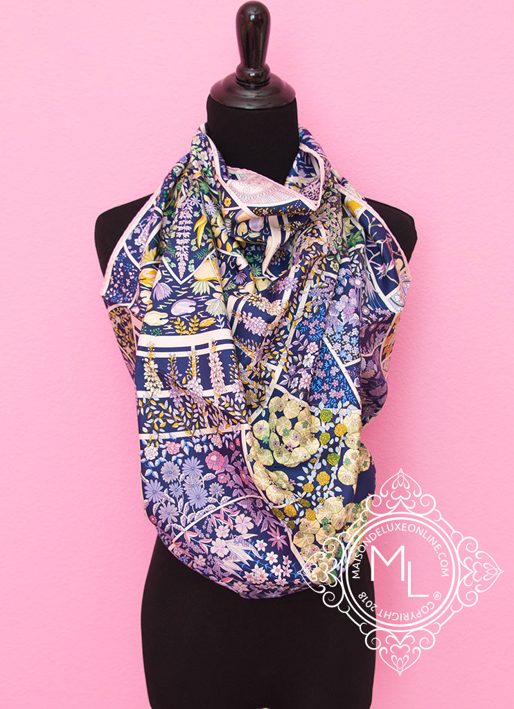 Hermes Marine Twill Silk 90 cm 36 Fleurs de Giverny Scarf Carre