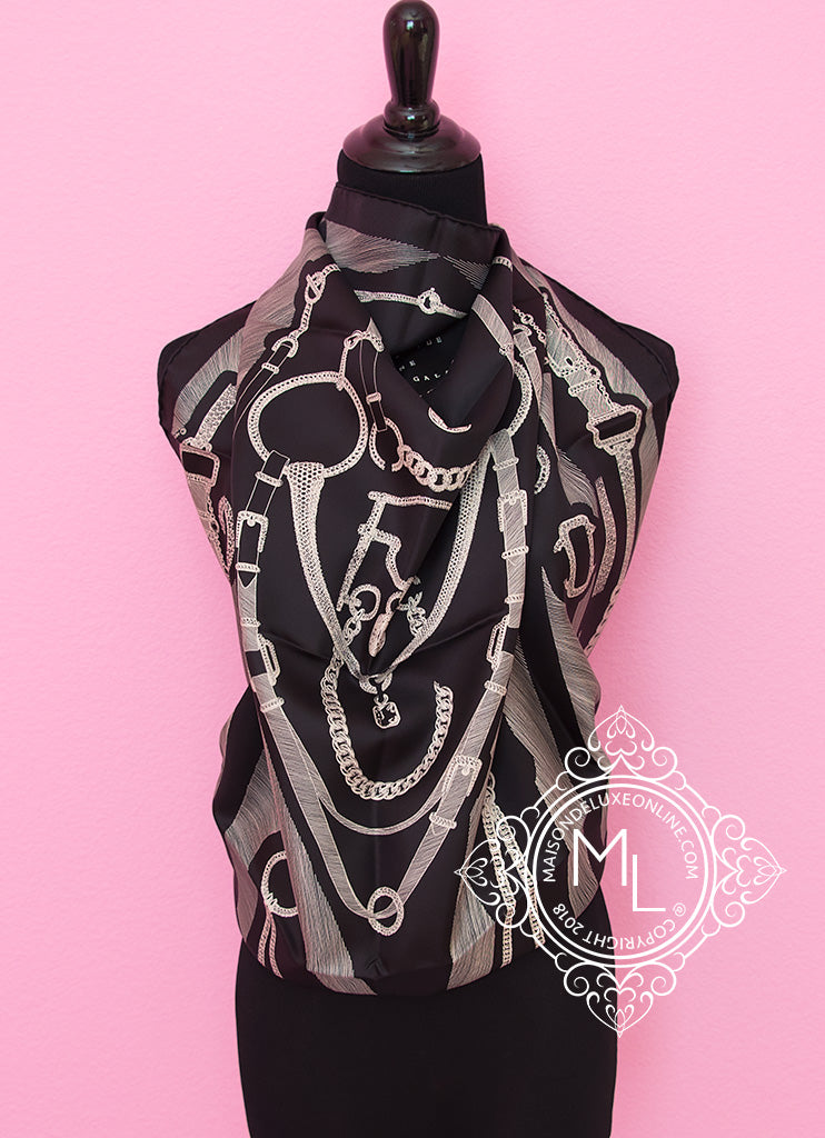 Hermes Black Twill Silk 90 Etude Pour Une Parure de Gala Scarf Shawl