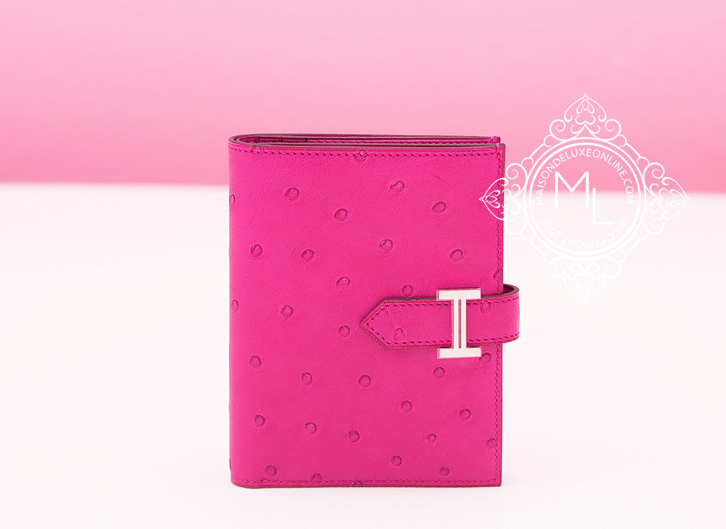 Hermes Rose Pourpre Pink Ostrich Compact Bearn Wallet Clutch