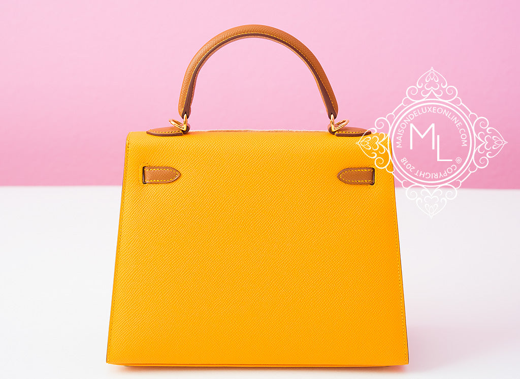 Hermès Kelly 25cm Sellier Veau Epsom 9D Jaune Ambre/Craie 10 Gold Hard –  SukiLux