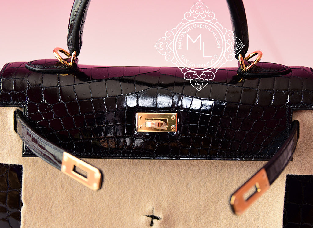 Hermes Kelly Sellier 25 Black Shiny Crocodile Gold Hardware – Madison  Avenue Couture