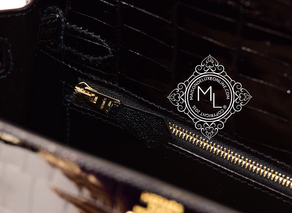 Hermes Kelly Sellier 25 Black Shiny Crocodile Gold Hardware – Madison  Avenue Couture