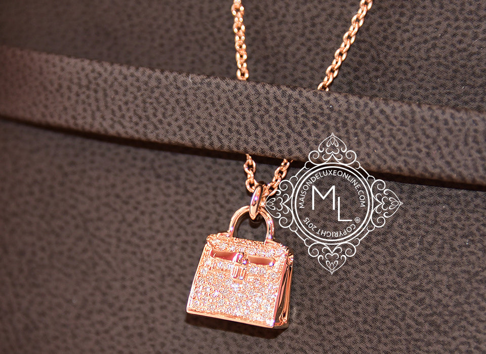 Hermes Rose Gold Diamond Kelly Pendant Necklace - New - MAISON de LUXE - 1