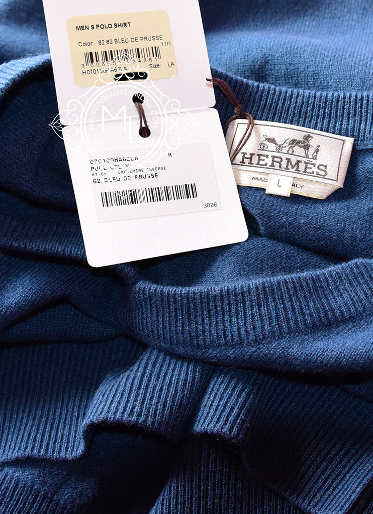 Hermes Men's Blue de Prusse V-Neck 100% Cashmere Wool Sweater L Jacket