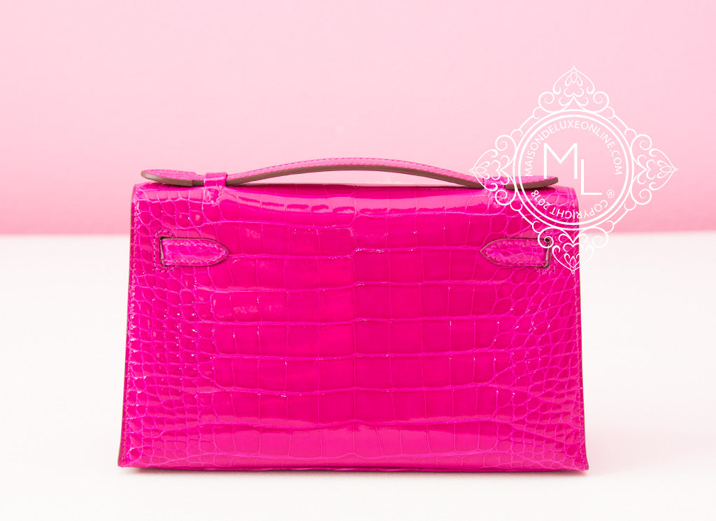 Hermes Kelly Pochette Clutch Bag Rose Scheherazade Pink Alligator Gold –  Mightychic