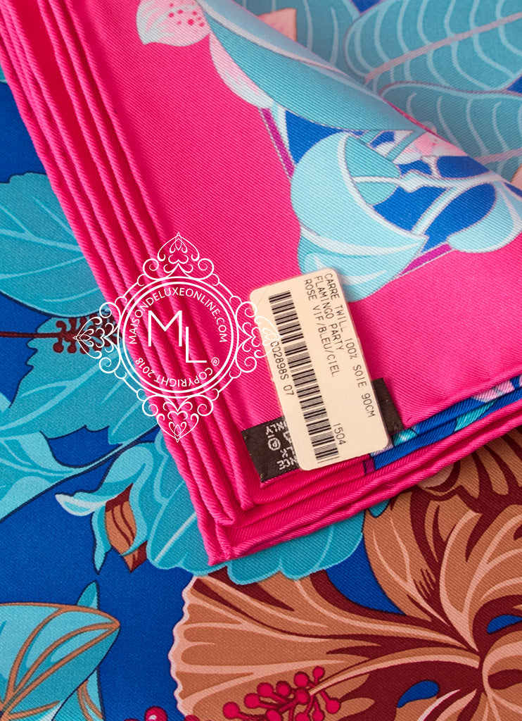 Hermes Pink Blue Twill Silk 90 cm 36 Flamingo Party Scarf Shawl