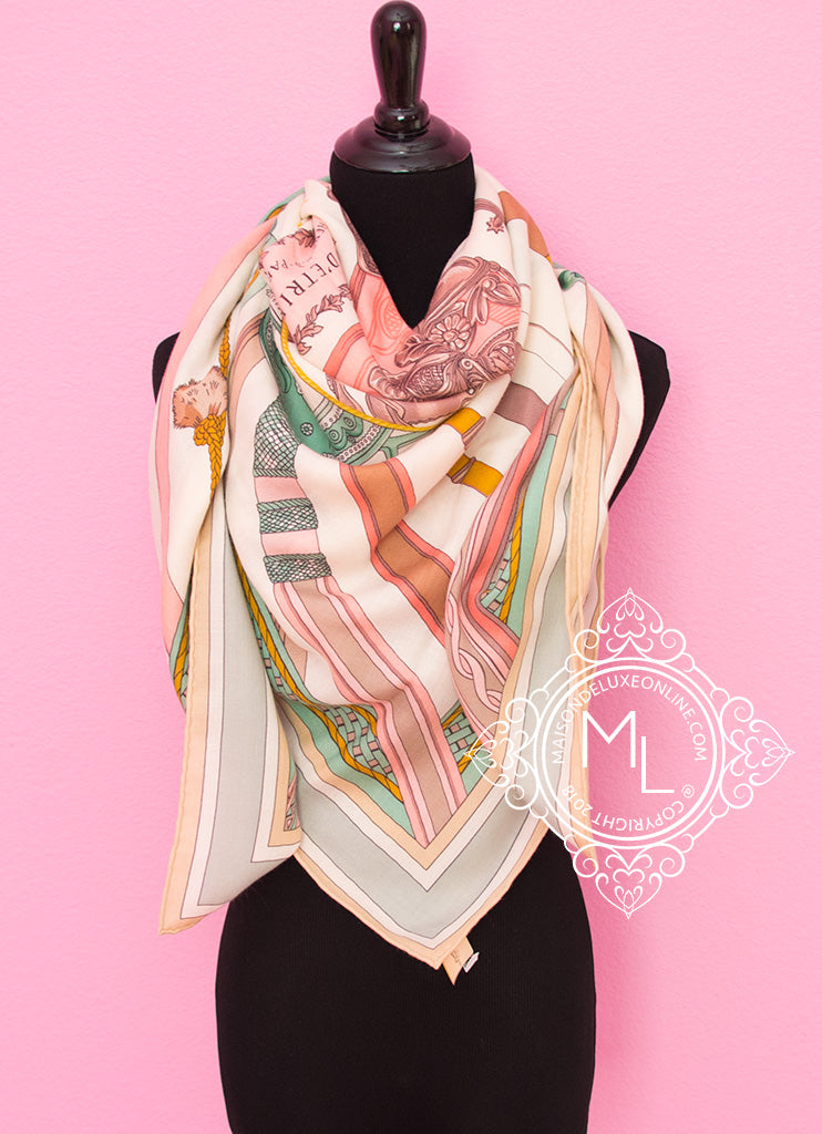 Hermes "Duo d'Etriers" Blanc Rose Cashmere 140 GM Shawl Scarf