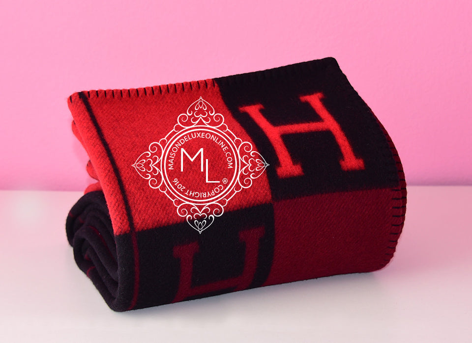 Hermes Large Plaid Rouge Noir Tricolore Wool Cashmere H Avalon Blanket - New - MAISON de LUXE - 1