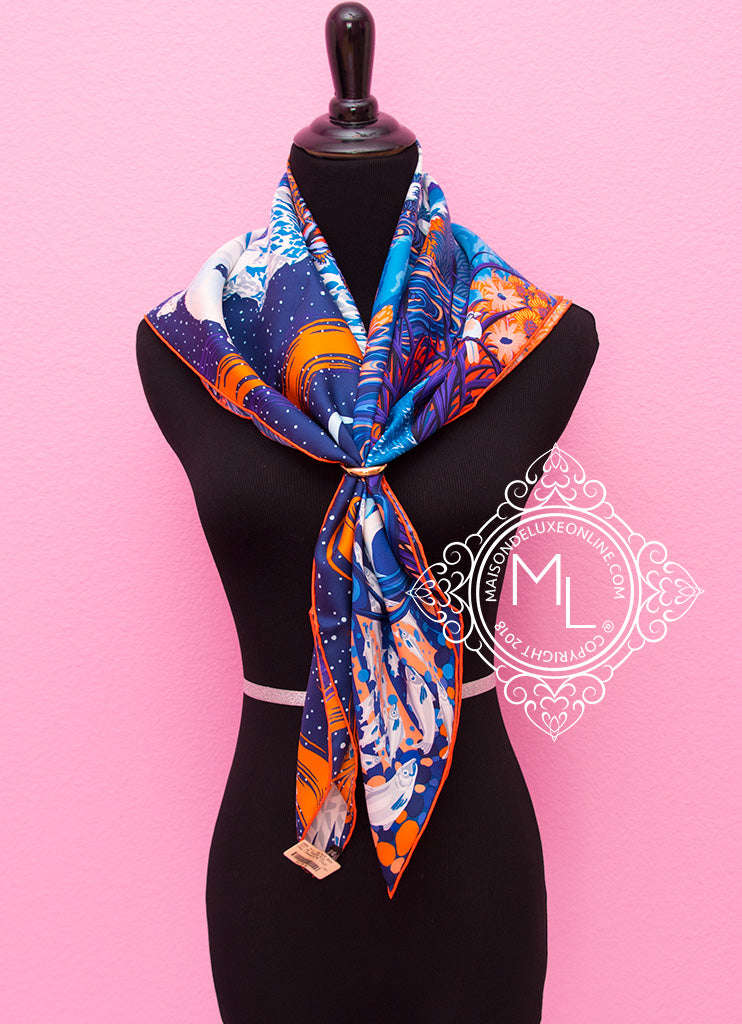 Hermes Blue Twill Silk 90 cm Into the Canadian Wild Scarf Shawl