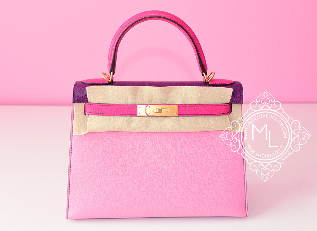 Hermes Kelly 28 HSS Sellier TRI-Color Flamingo, Rose Tyrien & Blue