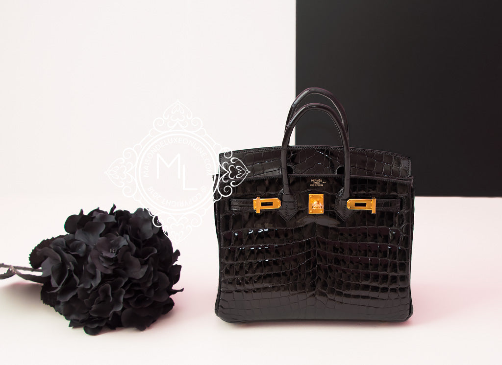 Hermes Birkin 25 Black Shiny Crocodile Palladium Hardware - Vendome Monte  Carlo